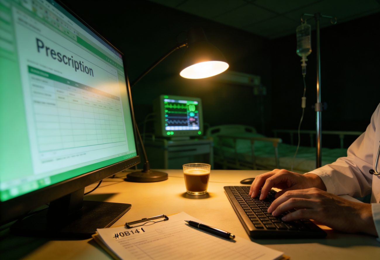 Estação de trabalho de plantão noturno: monitor com prescrição, luminária, monitor de sinais vitais ao fundo e mãos digitando
